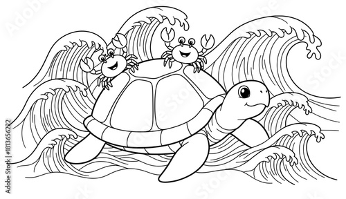 Sea turtle swimming through vibrant ocean waves, accompanied by playful crabs, creating a lively underwater scene for coloring enthusiasts and art lovers