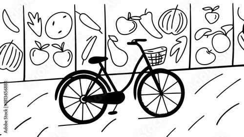 Minimilist black and white drawing of a bicycle parked in front of a fruit and vegetable stand display case vector