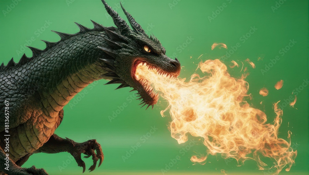 Fototapeta premium Fierce Black Dragon Breathing Fire on Green Screen Background.