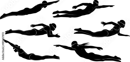 A collection of silhouetted figures in various swimming poses against a white background