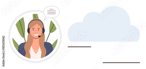 Smiling woman in headset in front of plant illustration, speech bubble indicating communication. Ideal for customer service, technology, teamwork, remote work, online support, collaboration, simple