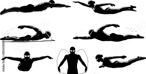 A collection of silhouetted figures in various swimming poses against a white background