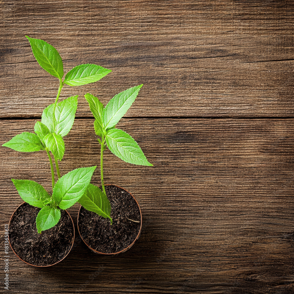 Naklejka premium Young plant seedling in small pot on rustic wood table, fresh green leaves suggesting growth and hope