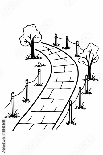 Minimilist illustration of a winding brick path with trees and rope fence in a black and white drawing vector