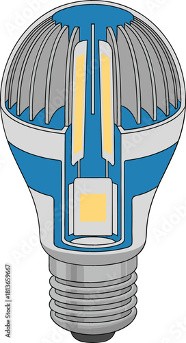 Cross-Section Diagram of LED Light Bulb Showing Internal Components Vector