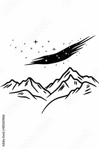 Minimilist black and white drawing of mountains under a starry sky with a comet streaking across the view vector
