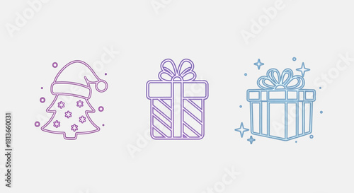 Neon-Edge Flat Christmas Icons on Pure White