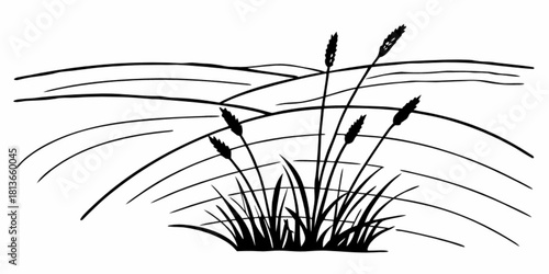 Minimilist black and white drawing of wheat stalks in a field with hills in the background landscape illustration vector