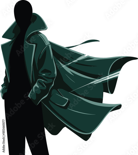 Dramatic Silhouette Figure in Long Trench Coat Blowing in the Wind Vector