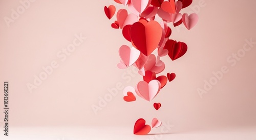 Numerous heart-shaped paper cutouts in varying shades of red and pink cascade downwards, creating a romantic and whimsical visual.
