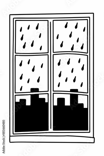 Minimilist illustration of a window with raindrops and a cityscape view in black and white outline style vector