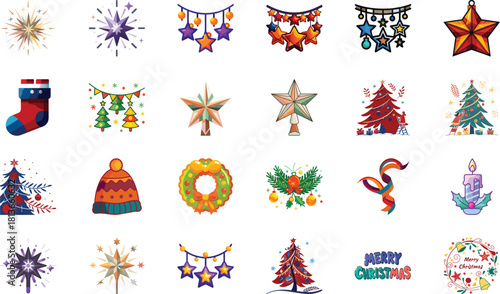Christmas Icons Set Collection – Holiday Decor Elements, Gift Boxes, Fireplace, Christmas Lights, Candy Cane, Stars, Bells, Badges and Winter Festive Illustration Pack for New Year and Xmas Design