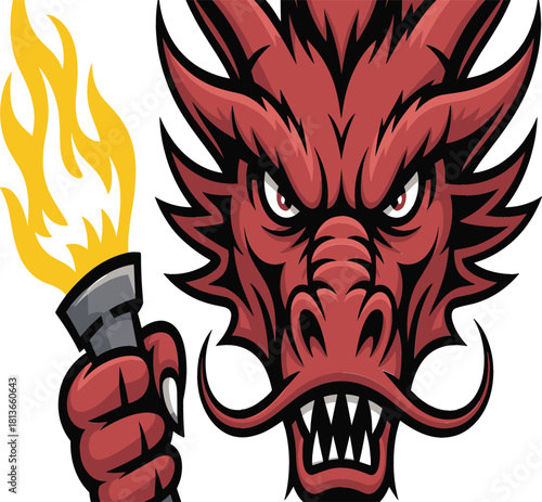 Fierce Red Dragon Head Mascot Holding Flaming Torch Vector