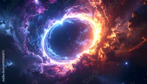 A vivid cosmic vortex, blue and orange energies swirl around a dark center, speckled with distant stars and nebulous clouds