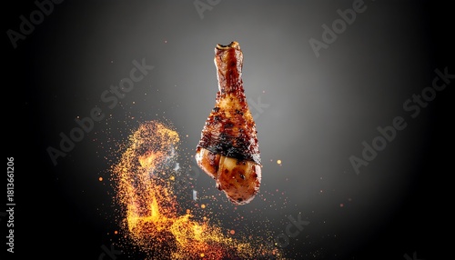 Fiery Glazed Chicken Drumstick with Flying Embers – Bold BBQ Action Photography