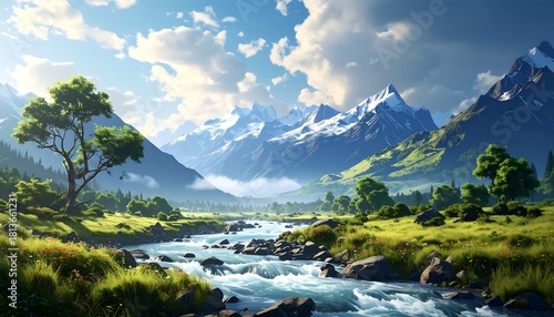 A vivid, painterly landscape of a river flowing through a valley, backed by towering mountains under a cloudy sky