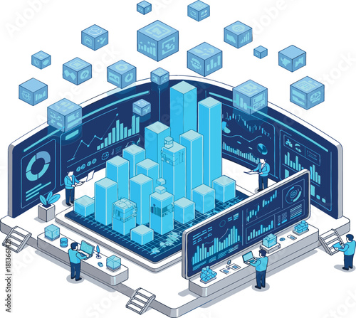 Isometric Big Data Analytics and Business Intelligence Control Room Vector