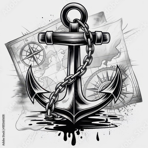 Detailed anchor and chain illustration with nautical map for tattoo or graphic design use
