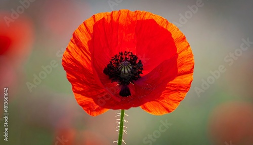 A vivid, sunlit poppy flower glows with translucent petals against a softly blurred background of greens and reds