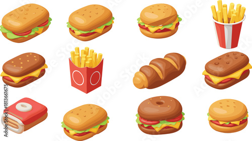 Fast food cartoon icon set, burger, fries, donut, cake, sandwich, bread, snack, vector, editable, outline, cad drawing flat vector illustration