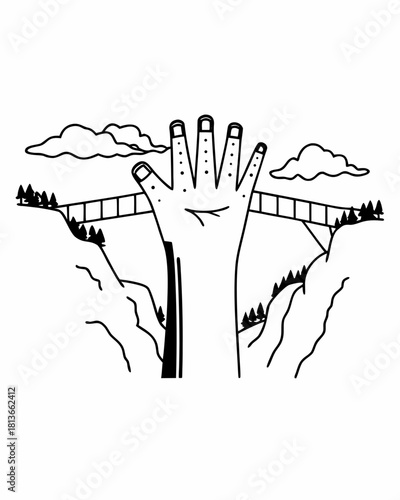 Minimilist a hand reaching up towards a bridge spanning between cliffs with clouds in the background design vector