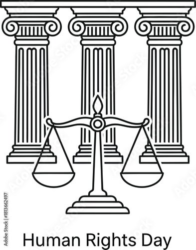 Vector art of a Human Rights Day symbol with scales of justice and columns