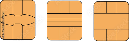 EMV chip golden vector icons. Square computer microchips for credit debit cards. Contactless payment at terminals and ATMs. Set line nfc symbol.