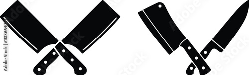  Two crossed butcher knives and cleavers silhouette vector