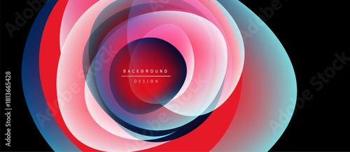 Abstract layers create vibrant, flowing shapes. Red, blue, cyan hues blend, forming dynamic circular design. Minimalist text present.