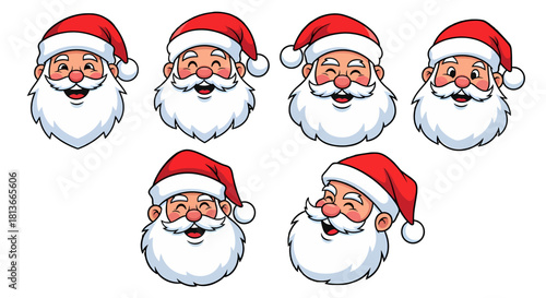 Collection of Santa Claus Faces with Various Expressions and Emotions during Christmas