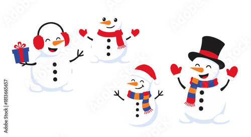 Festive Snowmen Characters in Winter Attire with Hats, Scarves and Gifts for Holiday Cheer