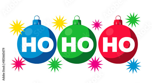 Festive Christmas Ornaments Displaying 'HO HO HO' with Sparkling Starbursts, Ideal for Holiday Season Celebrations