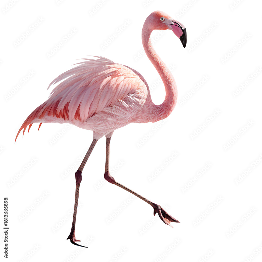 Fototapeta premium Isolated pink flamingo walking on black background tropical bird wildlife animal nature exotic bird photography