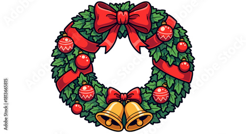Festive Christmas Wreath with Red Ribbons, Ornaments, and Golden Bells, Perfect for Holiday Decorations and Celebrations
