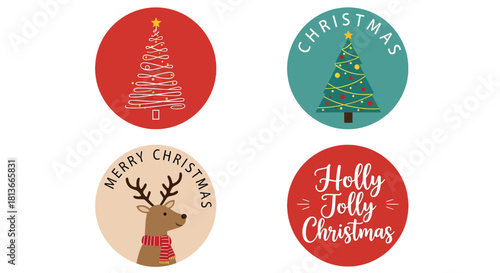 Festive Christmas Round Badges Decorated Trees, Reindeer, and Holiday Greetings for Seasonal Designs