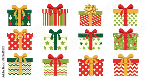 A festive collection of twelve colorful Christmas gift boxes, adorned with various holiday patterns and ribbons, ready for holiday gifting and celebrations