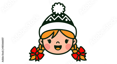 Cute Cartoon Girl with Braids and Red Bows Wearing a Winter Hat with a Pom-Pom