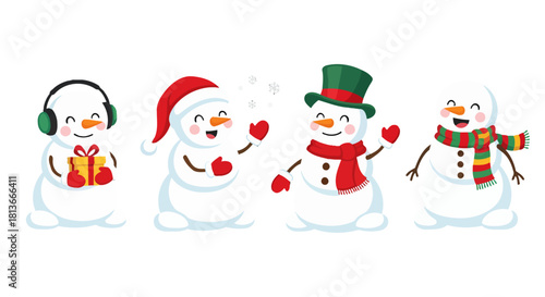 A delightful collection of cute snowmen characters adorned in holiday hats, scarves, and gifts, spreading winter cheer and festive joy in a vibrant illustration perfect for seasonal celebrations