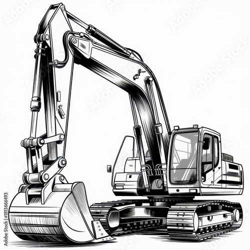 Excavator construction machinery heavy equipment digger backhoe loader vector line art drawing