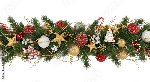 Festive christmas garland border decoration with green fir branches, red and gold baubles, stars, candy canes, and transparent background isolated on transparent background