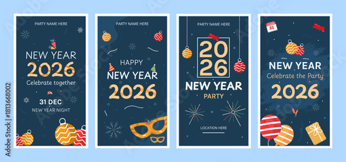New year 2026 party social media stories set, festive holiday templates with decorations, ornaments, fireworks, and celebration elements for events and invitations