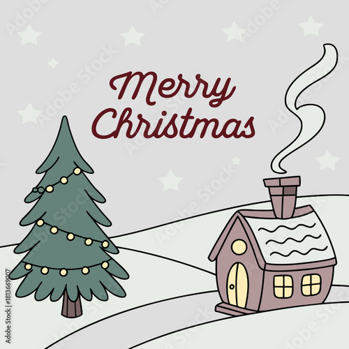 Illustration of a christmas tree with lights and a house with smoke coming out of the chimney in winter