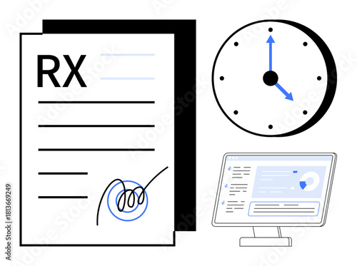 Medical prescription with a signature, clock symbolizing time, and digital monitor displaying patient records. Ideal for healthcare, efficiency, time management, digital health, documentation