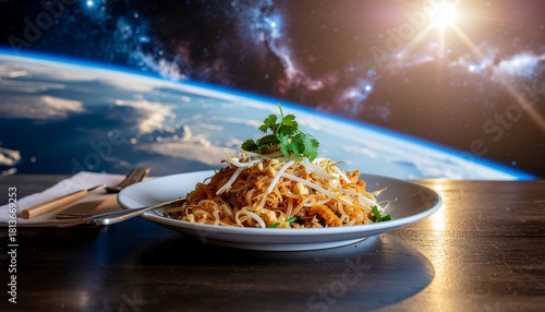 Zero-Gravity Pad Thai with Prawns and Peanuts, Space Station Airliner Backdrop