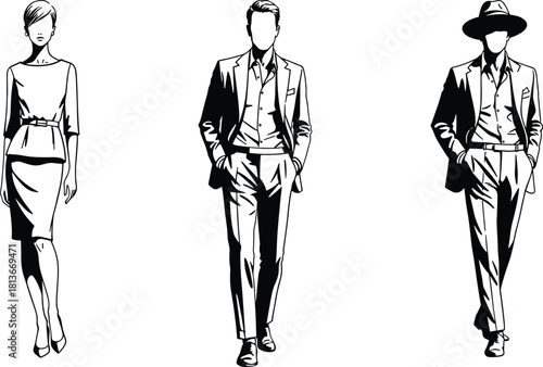 Vector illustration of business people silhouettes, including a standing businessman in a suit and a fashion couple sketch