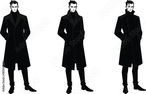 Fashion vector silhouettes of business people including women in suits standing against a black background