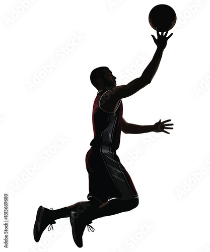 Dynamic silhouette of a basketball player in mid air reaching for a slam dunk