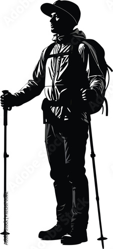 A lone hiker with a backpack and trekking poles stands in a striking black silhouette against a white background ready for adventure silhouette