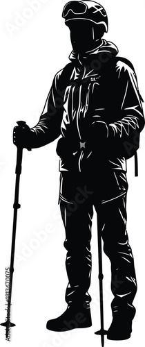 A solitary hiker stands tall with trekking poles and a backpack captured in a stark black silhouette