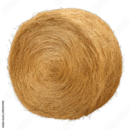 Abstract Circular Hay Bale Texture: Golden Brown Agricultural Fiber Pattern with Concentric Rings, Rustic Farm Imagery, Close-Up of Natural Crop, Countryside Harvest Detail, 2023 Photography